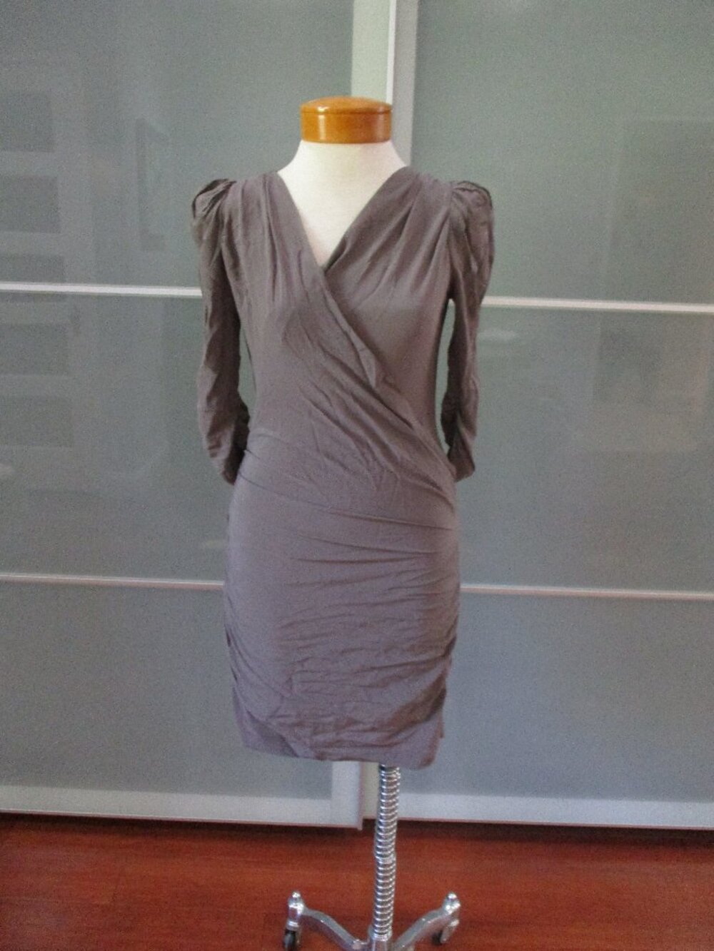 Maje Ruched / Gathered 3/4 Sleeve V-Neck 100% Silk Cocktail Dress